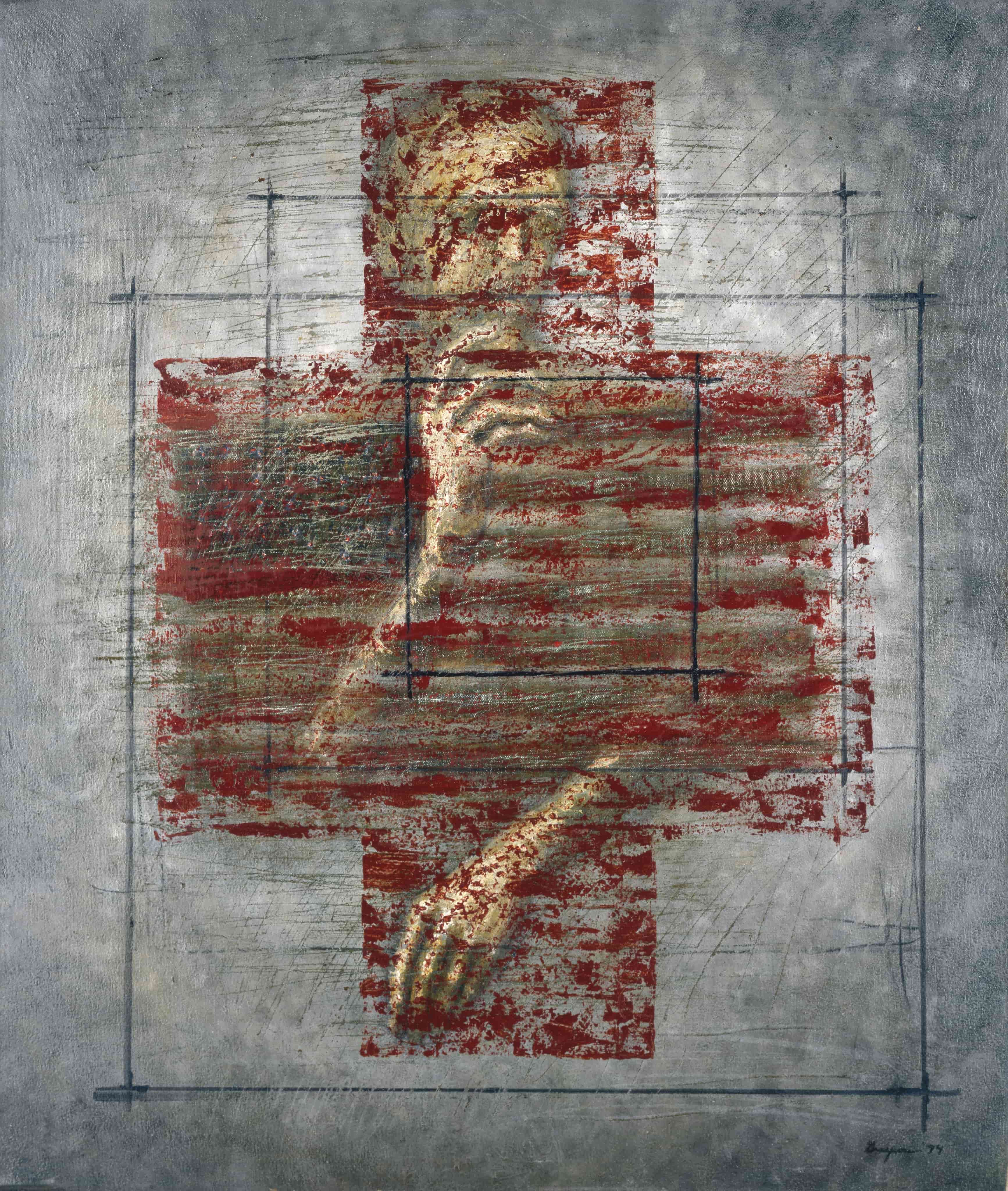 Man in Flag, 1994, oil on canvas, 44x34 in. <br>  Collection of Bekah Jenkins & Cory Bond