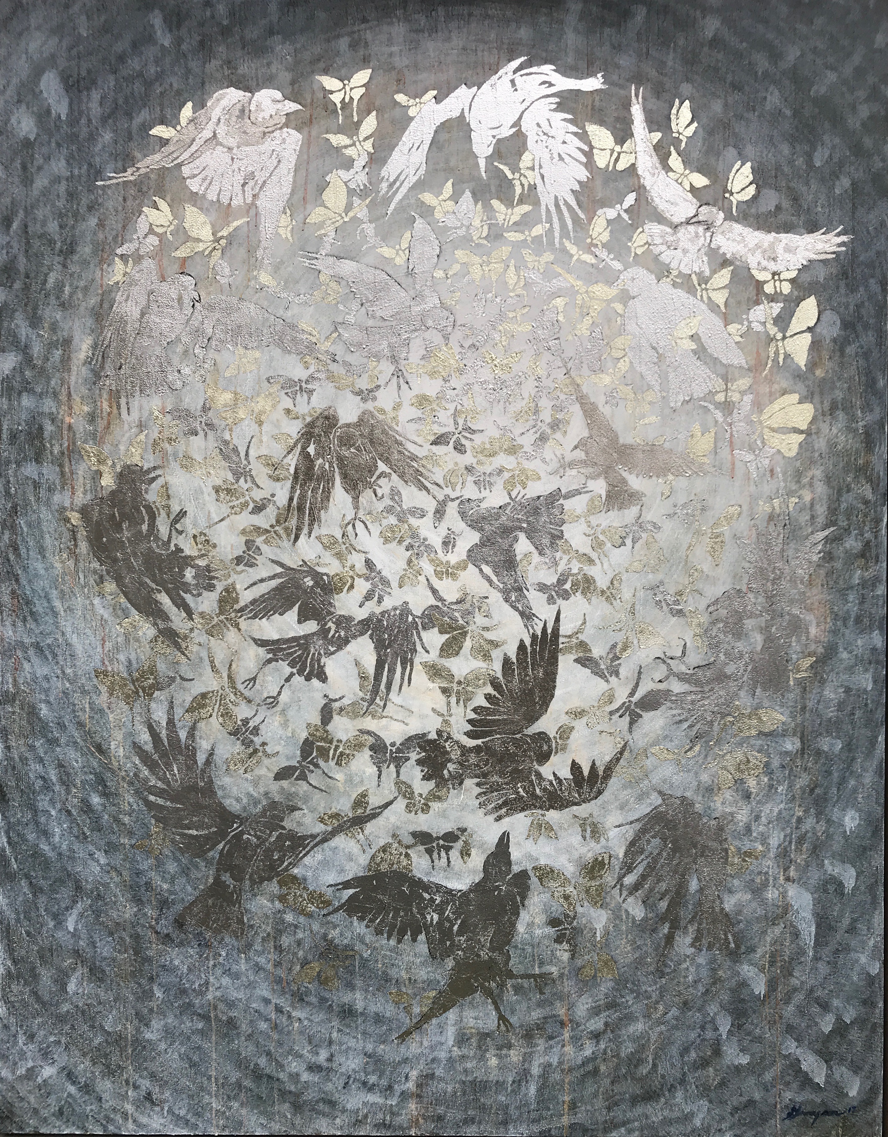 16 Birds (Industrial Melanism) 2017, Silver, palladium, white gold, oil on canvas. 72x56 in. <br> Collection of Pam Braden
